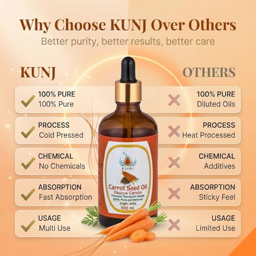 Image of KUNJ Carrot Seed Oil 100ml | 100% Pure & Natural Cold Pressed Oil | Undiluted Beauty Oil for Glowing Skin, Face Nourishment, Skin Hydration & Daily Skincare Use