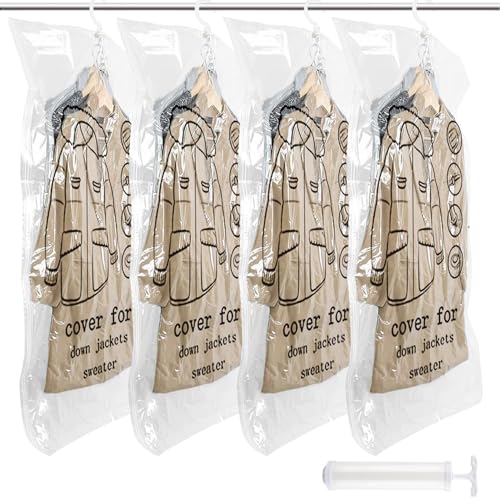 thirei 4Pcs Hanging Vacuum Storage Bags for Clothes 135x70cm Transparent Polyamide (Nylon) and Polyethylene (PE) Zipper Closure Hook for Organization Vacuum Sealed