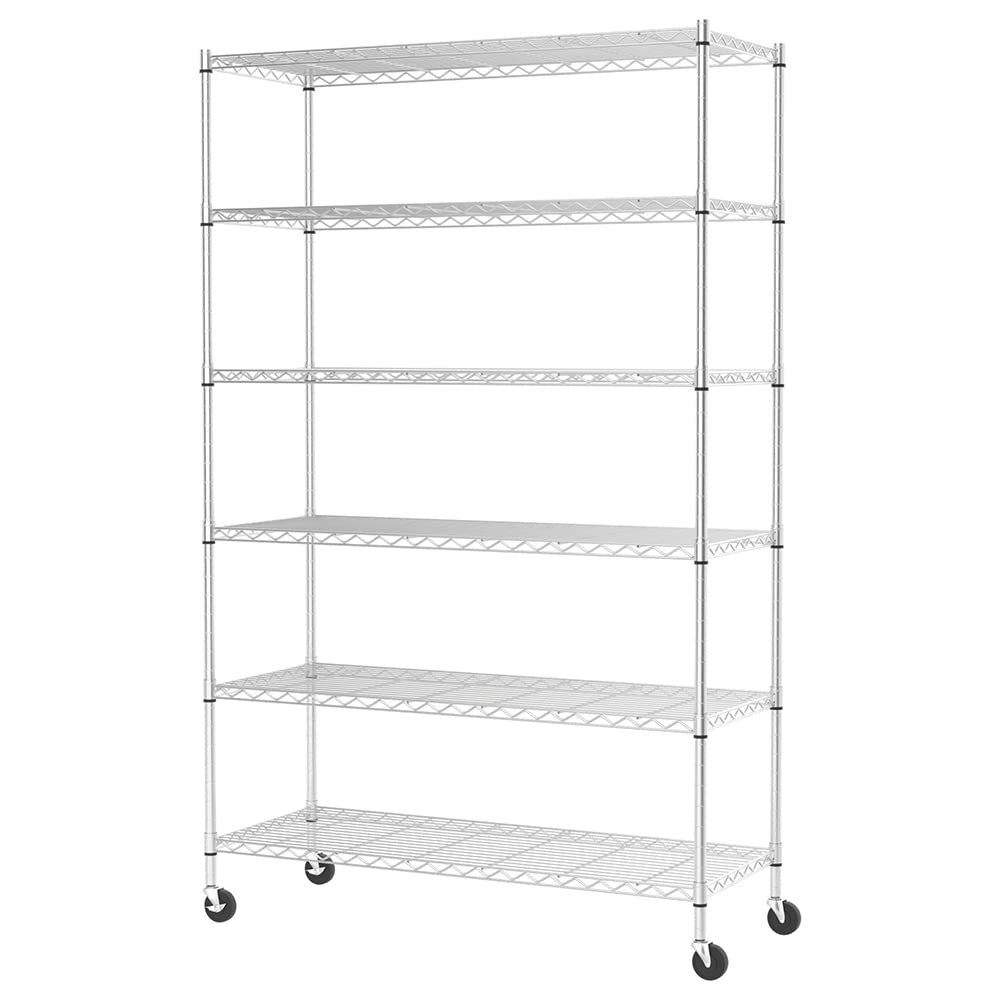 FDW 48"L×18"W×82"H Wire Shelving Unit Storage Cart Metal Shelf Rolling Utility Cart 2100Lbs Capacity with 6 Tier Casters Adjustable Layer Rack Strong Steel for Restaurant Garage Pantry Kitchen,ChromeFDW 48"L×18"W×82"H Wire Shelving Unit Storage Car…