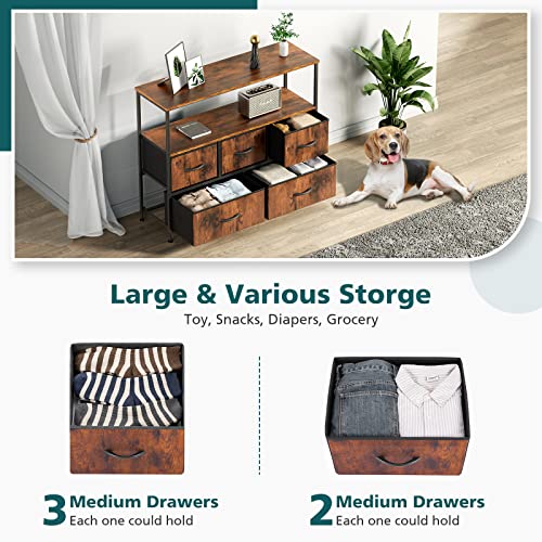 Image of NEWBULIG Dresser,Dresser with 5 Fabric Drawers,Chest of Drawers,Storage Tower, TV Stand Organizer Storage for Bedroom Living Room Hallway, Easy Pull Fabric Bins,Wooden Top, Sturdy Steel Frame,Rust