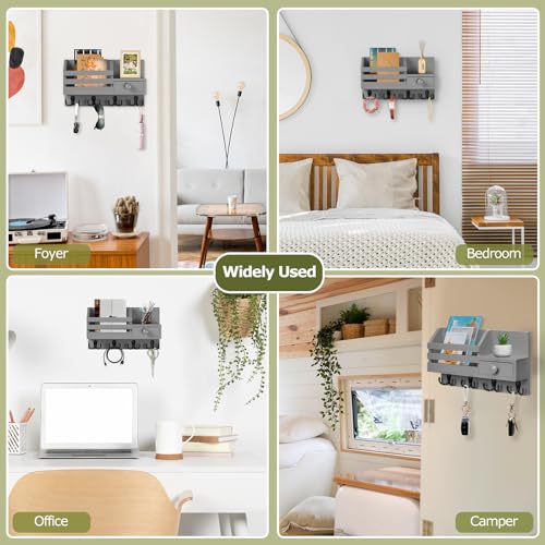 Image of Key Holder Wall Mount, Wooden Adhesive Mail and Key Organizer with Drawer, Small Shelf, 8 Hooks, 2 Installation Methods, Gray