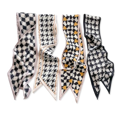 4 Pcs Skinny Silk Scarf Women Narrow Long Neckerchief Classic Retro Plaid Polka Dot Print Satin Hair Scarf Headdress