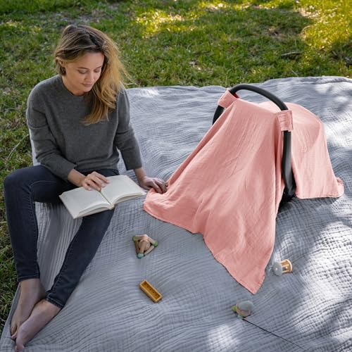 Image of Comfy Cubs Baby Car Seat Cover - Soft, Breathable Bamboo Rayon and Muslin Cotton Blend - Lightweight Canopy for Sun, Bug, and Comfort Protection - Large Size Infant Seat Cover in Bold Blush Design