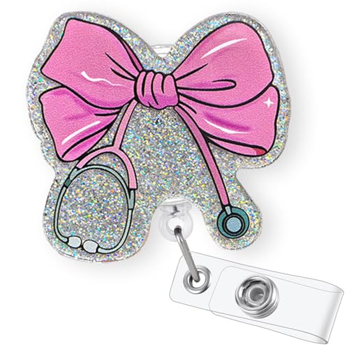 Pink Bow Stethoscope Badge Reel Retractable for Nurse Nursing RN CNA LPN & Medical Assistant | Cute Nurse Gifts Coquette Bow ID Name Badge Holder with Alligator Clip & 24” Durable Nylon Cord | Acrylic