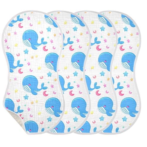 MCHIVER Whale Star Moons White Baby Burp Cloths Cotton Washcloths Absorbent Soft Burping Rags for Baby Girl Boys Burpy Cloth Bib 4 Pack3