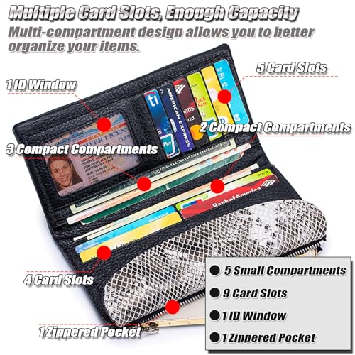 Genuine Leather Large Tri-Fold Wallet for Women - Designer Snake Print Purse, RFID Blocking Credit Card Holder, Holds 10+ Cards & Smartphone (6.1") - Black4