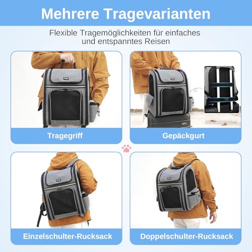 Dogat Erweiterbar Katzenrucksack mit Netzfenster, Tragbare und Faltbare Haustier Rucksack mit Innerer Sicherheitsleine und Haustierunterlage für Katzen Hunde bis 17 lbs (8 kg) Wandern, Walken (Grau)
