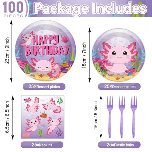 Image of 100 Pcs Axolotl Birthday Party Supplies Pink Axolotl Disposable Paper Plates Forks Tableware Sets Cute Cartoon Reptile Animals Happy Birthday Decorations for Kids Girls Baby Shower Serve 25 Guests