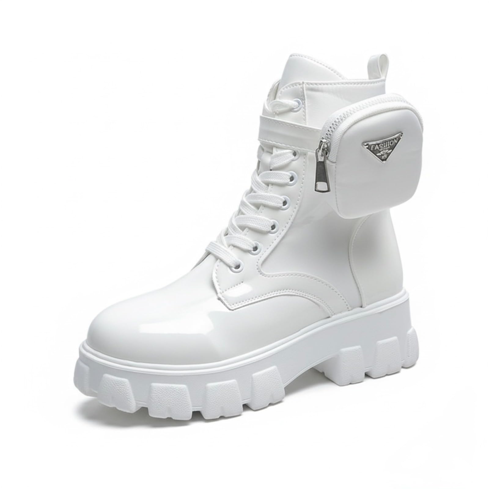Platform Combat Boots for Women Goth Punk Moto Biker Chunky Ankle Booties with Pocket Pouch Shiny Patent Leather