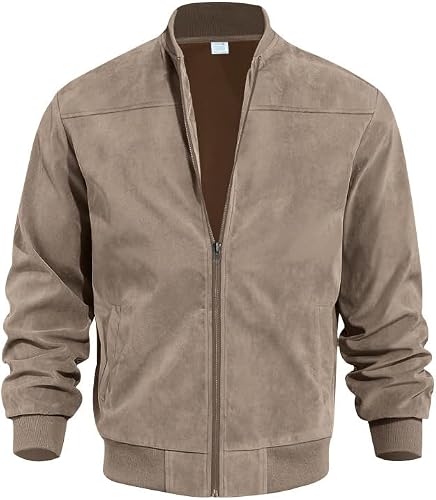 Vividcrate Suede Bomber Jacket Men Lightweight Wind Breaker Leather Jackets Zip 