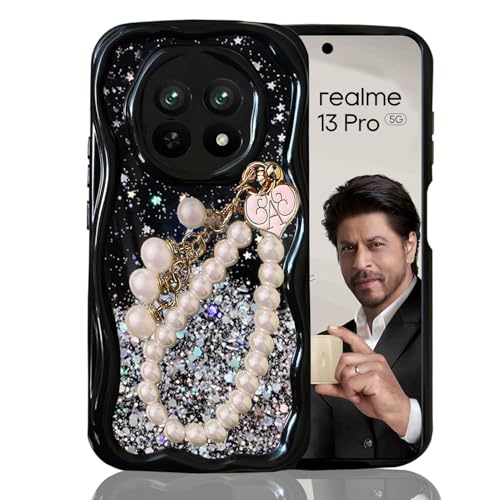 Image of KC Back Cover for Realme 13 Pro / 13 Pro Plus 5G - 3D New Curly Wave Dry Fixed Non Moving Starry Glitter Pearl Wrist Hanging Chain Shockproof Soft Silicone Camera Protection Case (Black)