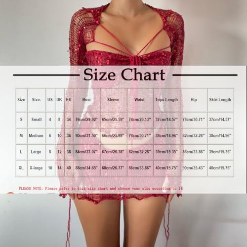 HGps8w Women's Crochet Sequin 2 Piece Outfits, Sexy Long Sleeve Crop Top with Mini Skirt Knitted Teens Y2k Sparkle Dress Sets3