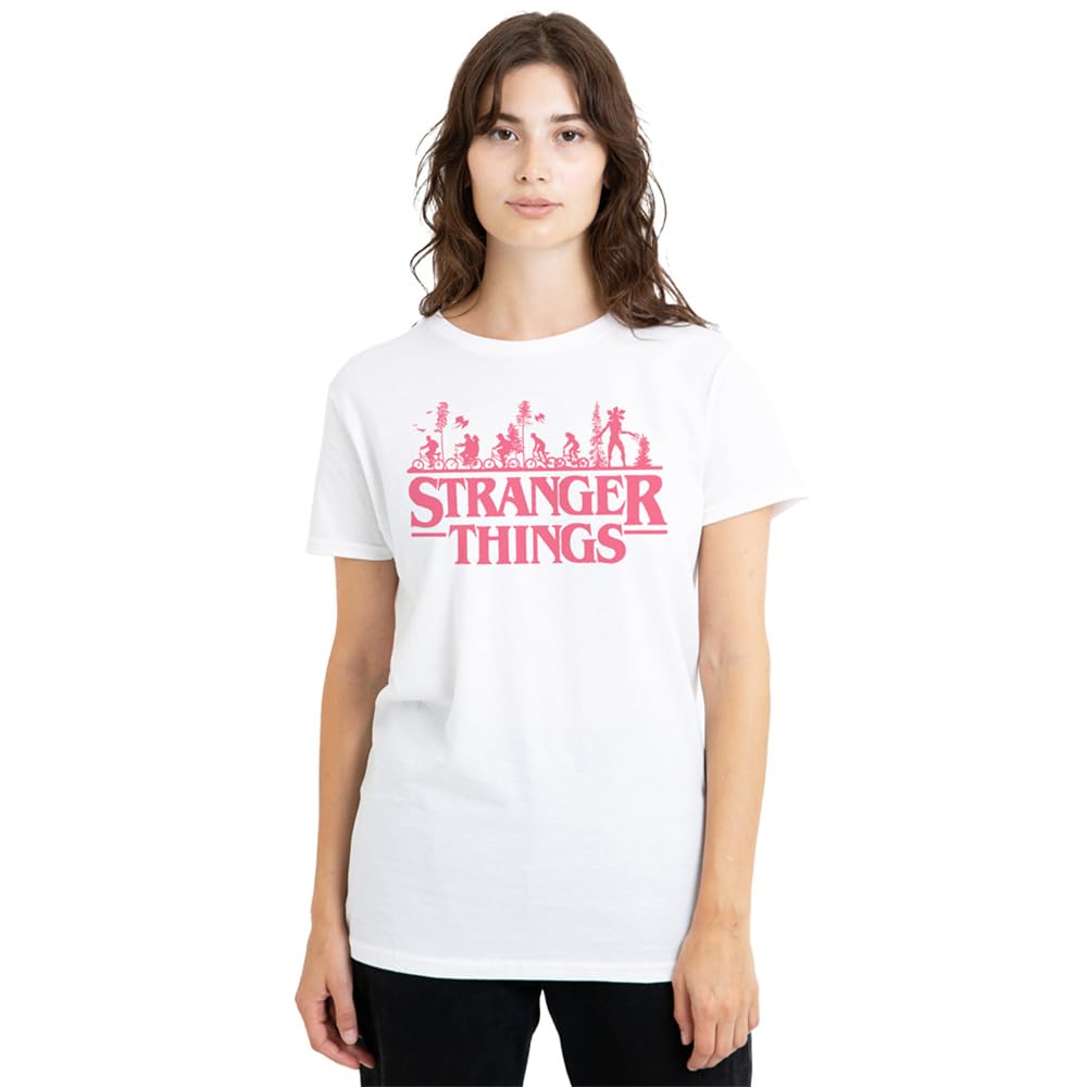 Stranger Things Bike Ride Logo Ladies T Shirt, White, Medium