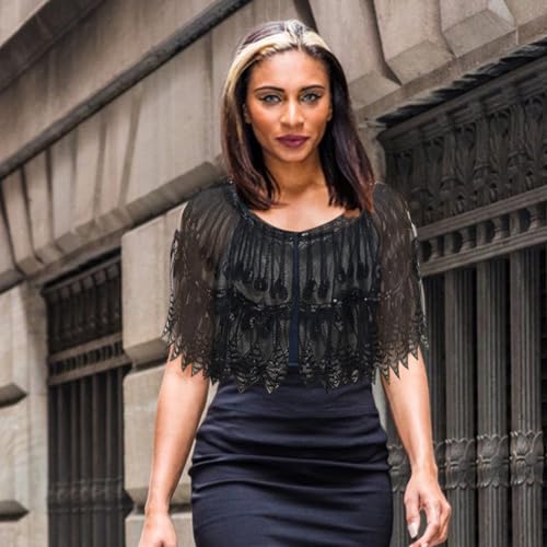 Zcargel Women Sequin Cape Shawl Elegant Ladies Glitter Shawl Wraps 1920S Vintage Lace Shawl Hollow-Out Evening Cape Shawl3