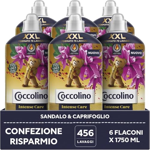 Coccolino Intense Care 6 flaskor med koncentrat sköljmedel för tvättmaskin med Pro Fiber-teknik, XXL upp till 456 tvättar, 6 x 1750 ml