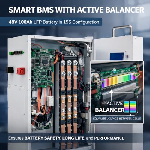 Image of MuscleGrid 48V 100Ah LiFePO4 Battery (15 Cells) with Smart BMS & Active Balancer | RS485 & CAN Communication | 50 Years Life | 5 Year Warranty