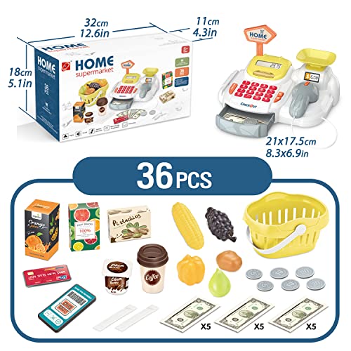 Pankome Pretend Play Calculator Cash Register Toy, 36 Pcs Supermarket Shop Toys With Scanner, Play Food, Play Money For Kids, Grocery Store For Boys & Girls，Gifts For Ages 3 4 5 6 (Yellow) #TOP1