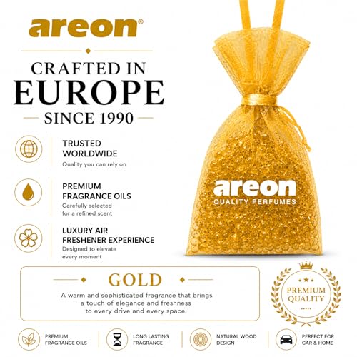 Image of AREON Pearls Lux Gold Car & Home Air Freshener - Premium Quality Perfume Fragrance Beads - Long Lasting Odour Eliminator for Car, Home, Office & Small Spaces - Gold Scent - Pack of 3