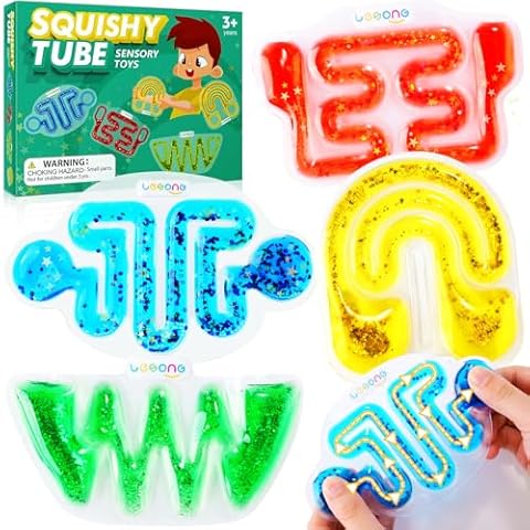 Squishy Sensory Fidget Toys for Kids - Autism Sensory Quiet Fidget for Classroom Students Autistic Children Special Needs, Anxiety Relief for Calm Down, Squeeze Sensory Tube Filled Goo,Glitter Cover