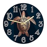 Orologio da parete a forma di tartaruga, orologio da parete rotondo con numeri marini e lancette estive blu navy, per garage, sala giochi, decorazione per esterni, 30 x 29 cm