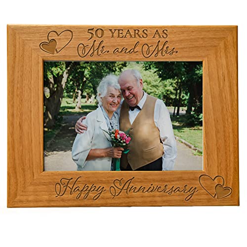 Our 50Th Wedding Anniversary Picture Frame - 50 Year Anniversary, 50 Years Of Marriage Engraved Natural Wood Photo Frame Fits A 5X7 Horizontal Portrait, Tabletop Or Hanging Wedding Picture Frame #TOP16
