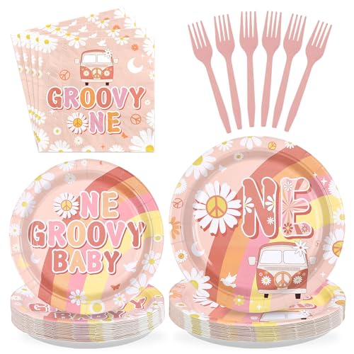 Greencian 96Pcs Boho Groovy One Birthday Party Supplies Serves 24