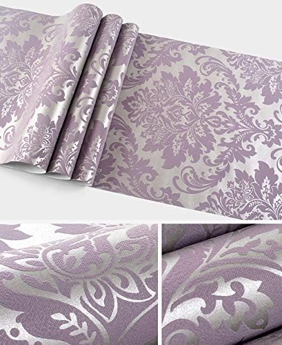9.5X0.53M 3D Elegant Damask 6 Colors Luxury Embossed Flock Textured Non-Woven Wallpaper Roll for Bedroom Livingroom 1.73' W x 31.2' L=5.035㎡ (54sq.ft) (Purple)