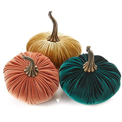Set of 3 Velvet 6.25 Inch Pumpkins, emerald green accent, fall tablescape, autumn cozy vibe, Thanksgiving centerpiece, hygge home, fall wedding, Halloween indoor decor (Harvest, Gold, Emerald)