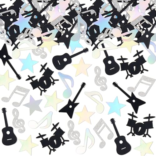 200pcs Double-sided Rocking Confetti Black Silver Music Notes Guitar Paper Confetti Rocking Band Table Decoration Baby Shower Rocker Musical Birthday Table Decors Rock and Roll Concert Party Confetti
