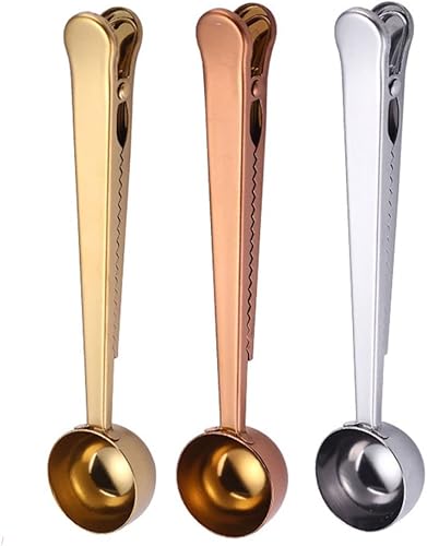 3 piezas de acero inoxidable dorado multifunción café cuchara de café cuchara de café clip 2 en 1 acero inoxidable 1 cucharada de medición de tierra