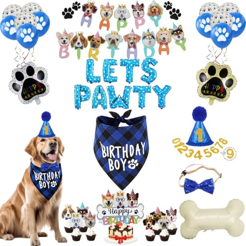 JKIYT Dog Birthday Decorations Boy Puppy Happy Birthday Party Supplies Bandana Hat Bow Tie Lets Pawty Banner Paw Print Balloons & Cake Topper (Blue)