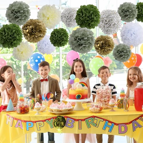 Image of BestoFun 16 PCS Sage Green Party Decorations Tissue Paper Flowers Pom Poms Decorations for Girl Groovy Birthday Baby Shower Wedding Bachelorette Room Wall Hanging Decor