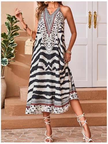 Image of MakeMeChic Women's Stripe Maxi Dress Zebra Print Halter Backless Flowy Boho Summer Long Dresses