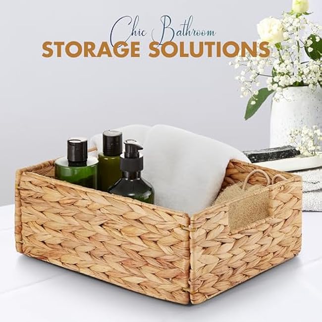 BLUEWEST Water Hyacinth Storage Baskets (Set of 6) ¨C Woven Hyacinth Organizer with Carrying Handles, Laundry Basket for Organizing, Rattan Bin for Shelves