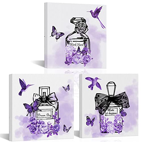 SkenoArt 3 Piece Fashion Canvas Wall Art Purple Flower Perfume