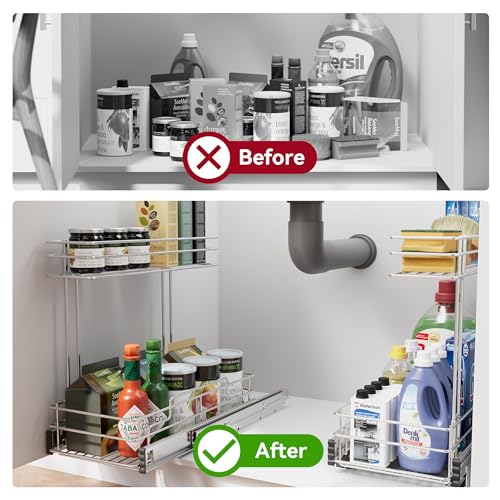 Image of Under Sink Organizer 9 inch W X17 D, Pull Out Cabinet Organizer 2 Tier | Under Sink Slide Out Chrome Plated, Under Kitchen Bathroom Organizer, Pantry Cabinet Closet Organization Rack, 1 Pack