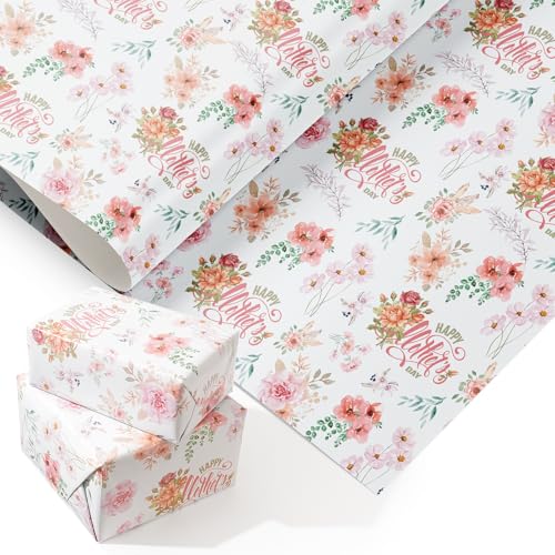 PlandRichW Mothers Day Wrapping Paper - 4 Large Folded Sheets 40x 28 Happy Mothers Day and Flower Design Gift Wrap for Mom Birthday Baby Shower & Thank You Gifts