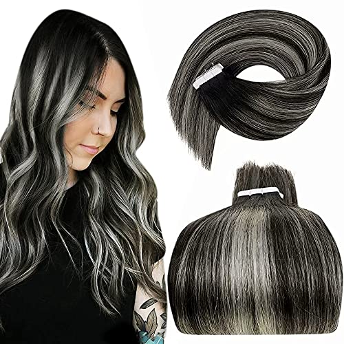 Hair Extensions Tape in Natural Black Ombre Silver Grey 14 inch 20pcs/50g