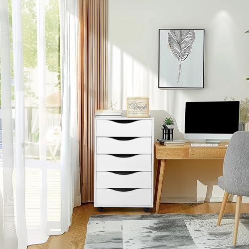 QDSSDECO 5 Drawer Chest Wood File Cabinet Rolling Storage Dresser with Wheels for Home Office, White - Thumbnail 5