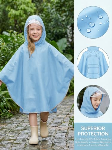 Image of Haloumoning Kids Hooded Rain Poncho Girls Waterproof Lightweight Reusable Raincoat Jacket 4-14 Years