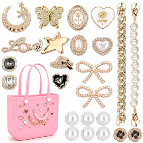 Image of yuboo Charms for Bogg Bag, 26Pcs Accessories Butterfly Bow Pearl Chain DIY Cute Decoration Bag Charm for Bogg Bag Rubber Tote Fall Bags Decoration Charms for Girls Women