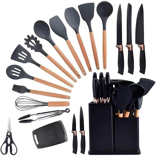 Utensilios Para Cozinha Silicone Kit 19 Peças Cabo Madeira Conjunto Completo Espátula Concha Colher Jogo Suporte Faca Antiaderente Tabua Tesoura Faqueiro PREMIUM (Preto)