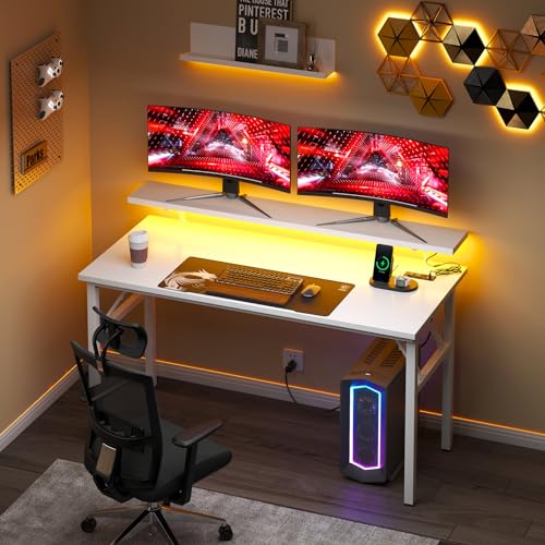 Image of DlandHome 47 inch Computer Desk with Power Outlets & LED Lights, White, Bedroom