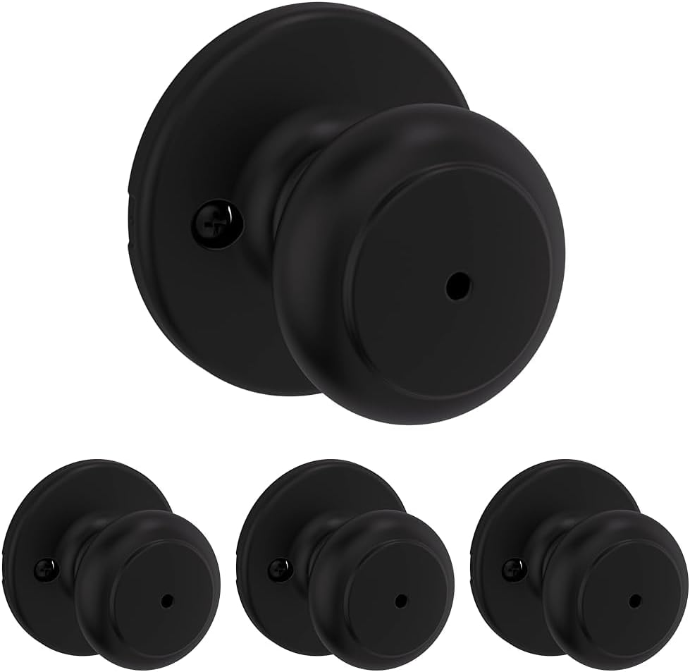 Kwikset Cove Interior Privacy Door Knob with Lock, Door Handle for Bathroom and Bedroom, Matte Black Keyless Turn Lock Doorknob (Pack of 4)