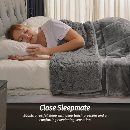 Wemore Sherpa Fleece Weighted Blanket for Adult, 20 lbs Dual Sided Cozy Fluffy Heavy Blanket, Ultra Fuzzy Throw Blanket with Soft Plush Flannel Top, 80 x 87 inches, Grey on Both Sides