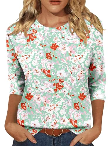 KISSMODA Tunic Tops for Women Loose Fit Dressy Round Neck Pleated 3/4 Length Sleeve Spring Tops