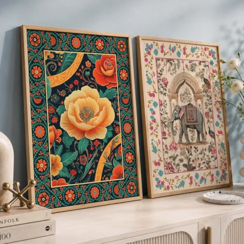 Image of kotart - Indian Wall Art Home Decor Frames Framed Wall Painting for Home Room Bedroom Office Wall Decor Traditional Indian Wall Art Floral Paintings for Living Room Wall Art Painting for Wall Decoration Wall Poster With frames Wall Paintings For Home Decoration set of 2 (Art 3, (10x13 inch), Framed)