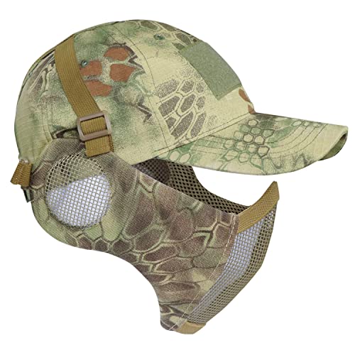 Yzpacc Airsoft Halbgesichtsmaske und Patch-Hut Set Stahlgeflecht Maske mit Ohrenschutz und Baseballkappe Taktische Schutzmaske für CS Spiel BB Gun Paintball Jagd Schießen
