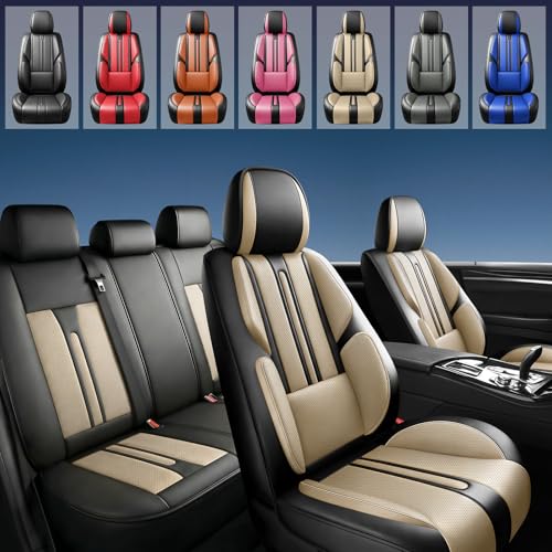 Image of Fit Sierra Car Seat Covers (5 Seats Full Set) Compatible with GMC Sierra 1500 /2500 /3500 2000-2026-Full Coverage Premium Breathable Leather,Airbag Compatible,Waterproof & All-Weather,Black-Beige