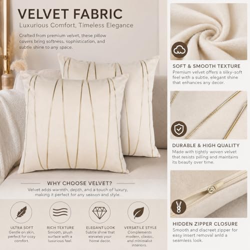 Image of Amazon Brand - Umi Gold Leather Striped Pack of 2 Throw Pillow Covers Velvet Decorative Cushion Covers Cases for Sofa Bedroom Livingroom Car 24 x 24 in Cream Color